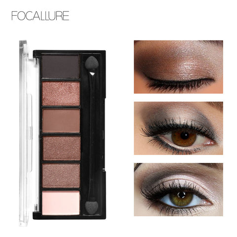 FOCALLURE 6 Colors Eyeshadow Palette Glamorous Smokey Color Eye Shadow Shimmer Glitter Smooth Creamy Powder Makeup Eye Shadow
