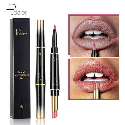 Pudaier New Double-end Matte Lip Lipstick Pencils Lip Liner Pen Waterproof Easy to Wear Nude Velvet Matte Lip Stick Cosmetic
